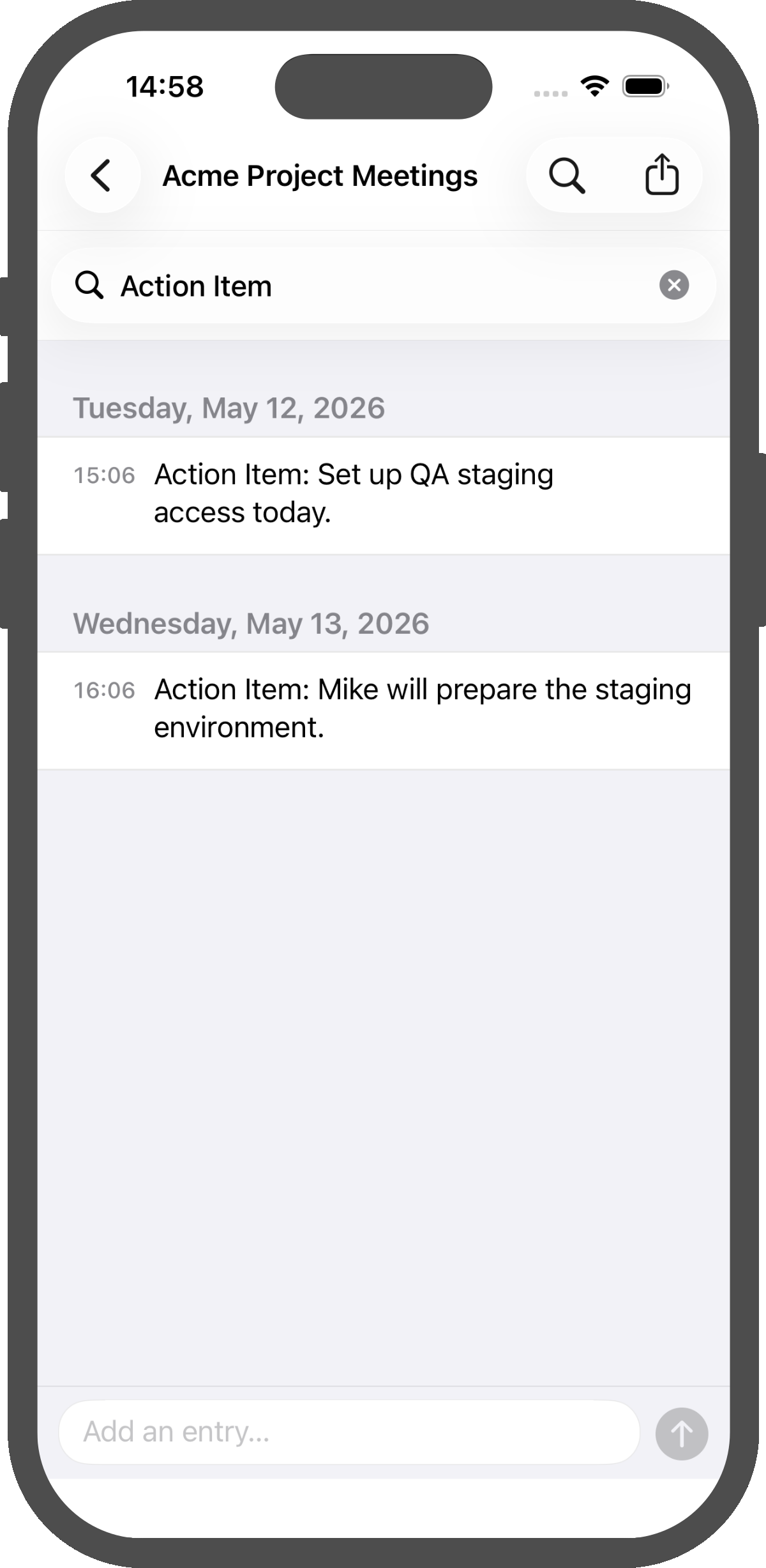 Screenshot showing log being filtered on iPhone