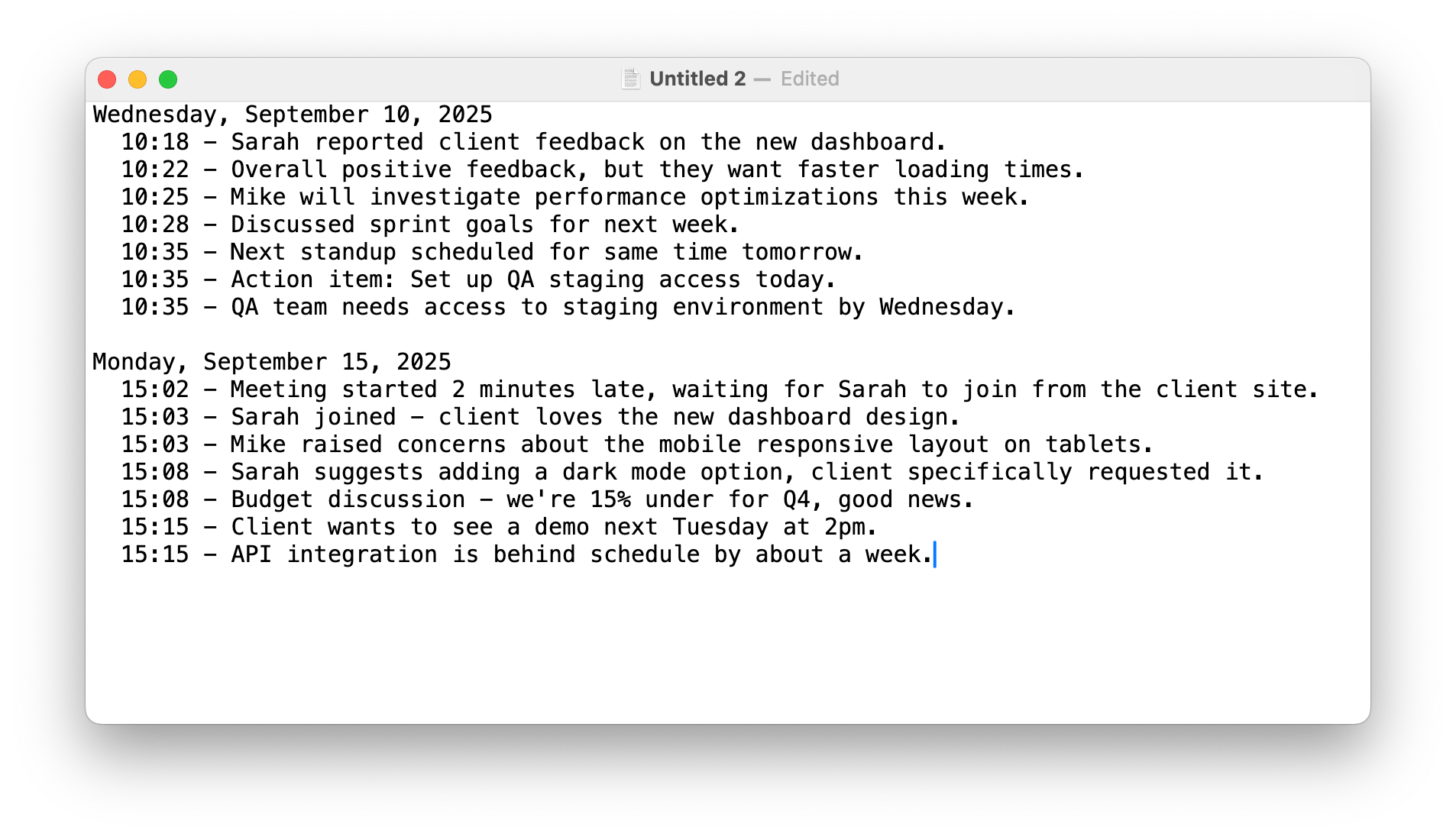 Screenshot showing a sample of pasted notes