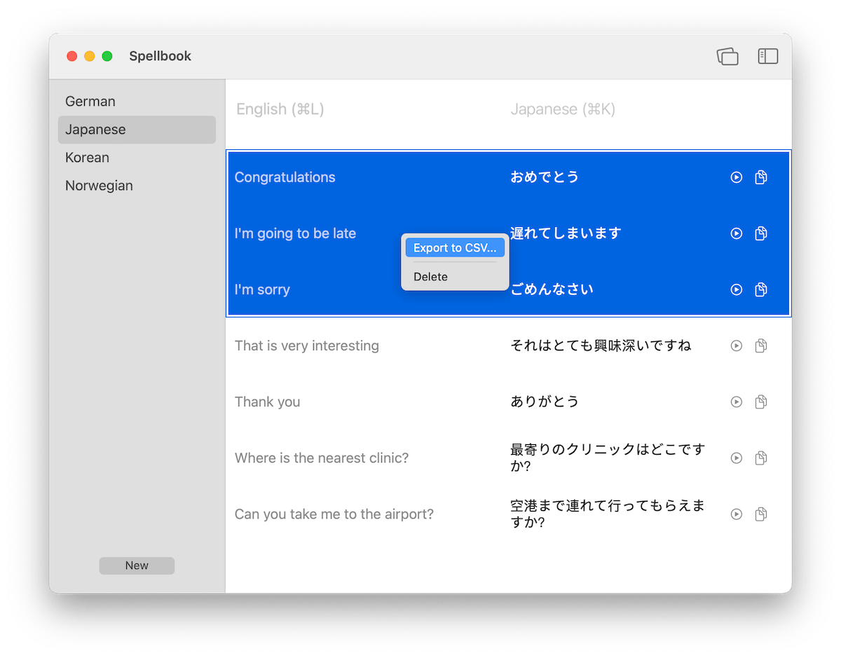Screenshot showing export menu options